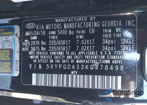 2019 Kia Sorento 2.4L Lx z USA, uszkodzony, nr VIN 5XYPGDA33KG478498